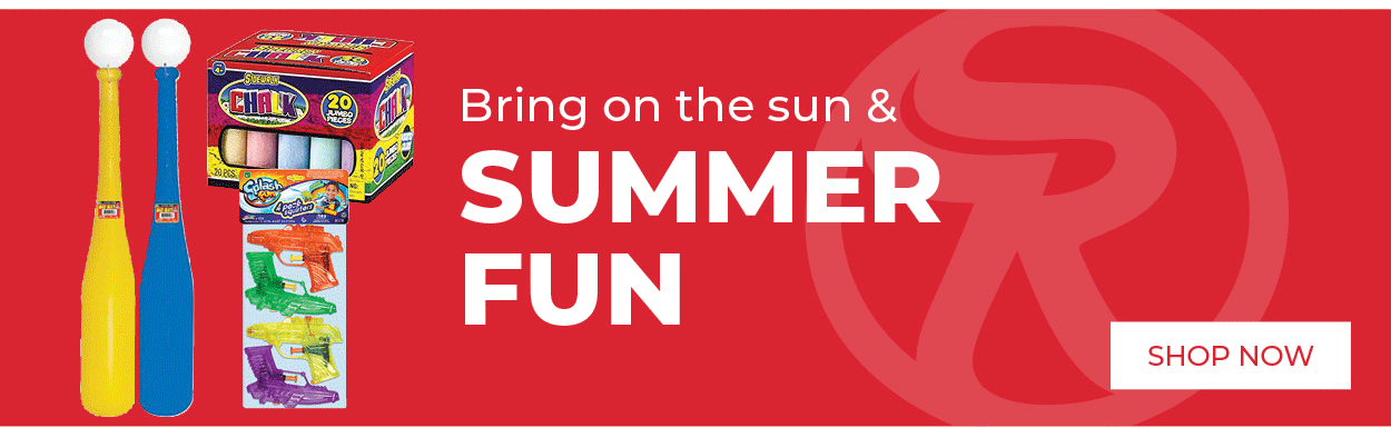 Assorted summer outdoor toys with text Bring on the sun & Summer Fun