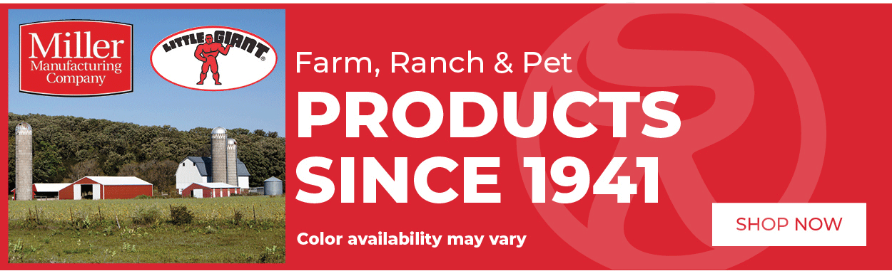 Photo of barn with logo Miller Manufacturing Company, with text Farm, Ranch & Pet Products since 1941