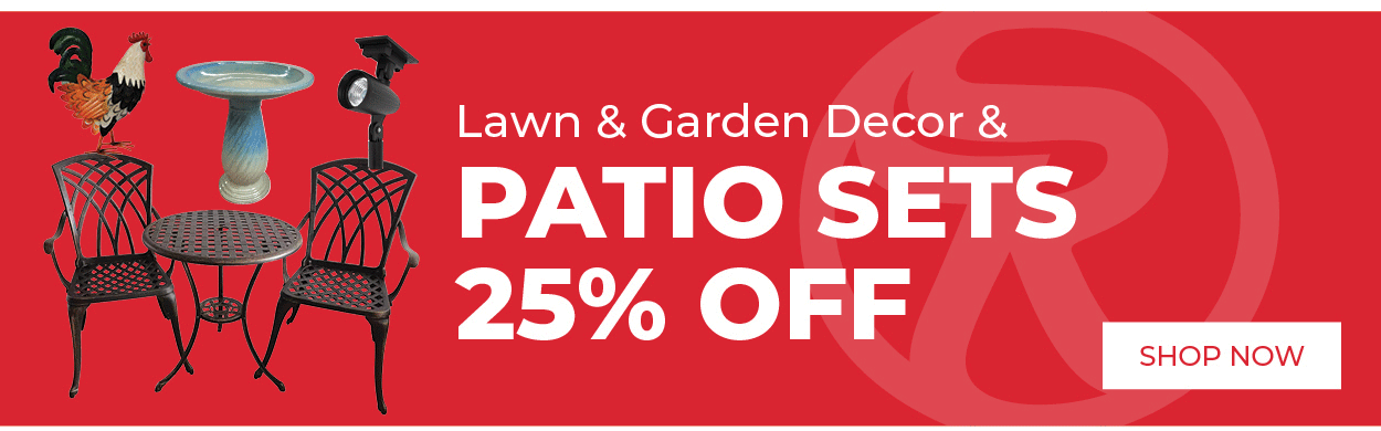 Picture of patio set and lawn decor with text Lawn & Garden Decor & Patio Sets 25% Off