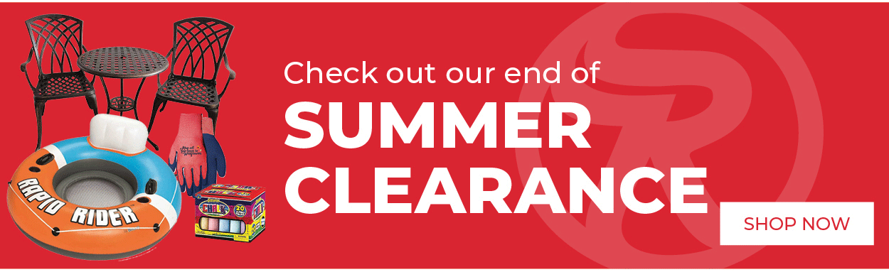 End of summer clearance ad with patio furniture, pool float, gardening gloves, and chalk, plus a 'Shop Now' button.