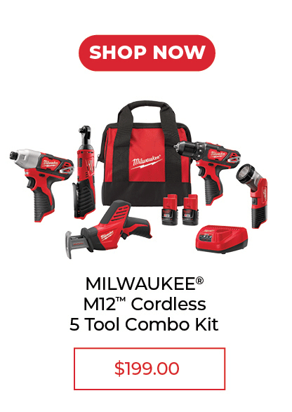 Milwaukee M12 Cordless 5 Tool Combo Kit for $199.00, with Shop Now button.