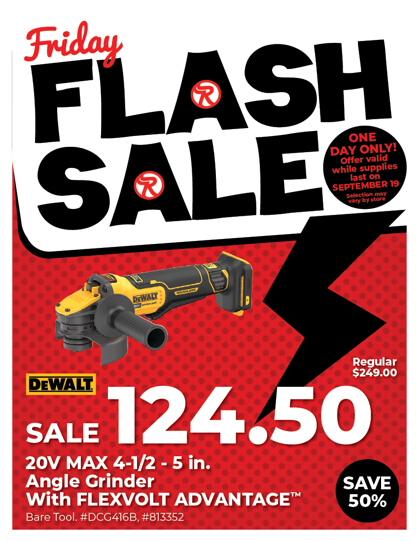 Friday Flash Sale - DeWalt 20V MAX 4 1/2" - 5" Brushless Cordless Paddle Switch Angle Grinder with FLEXVOLT ADVANTAGE - Bare Tool; SALE 124.50, Save 50%