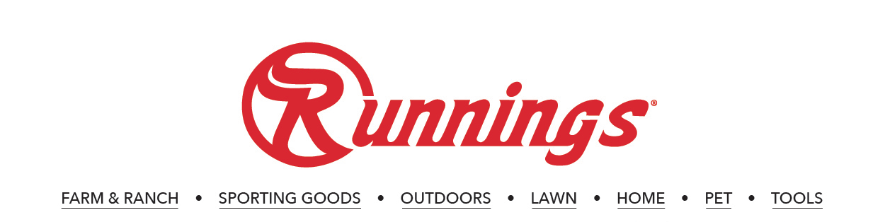 White banner with Runnings logo and departments