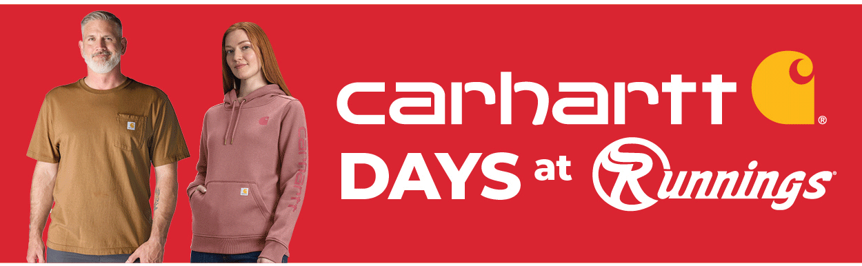 Carhartt Days at Runnings with picture of man and woman in Carhartt tops