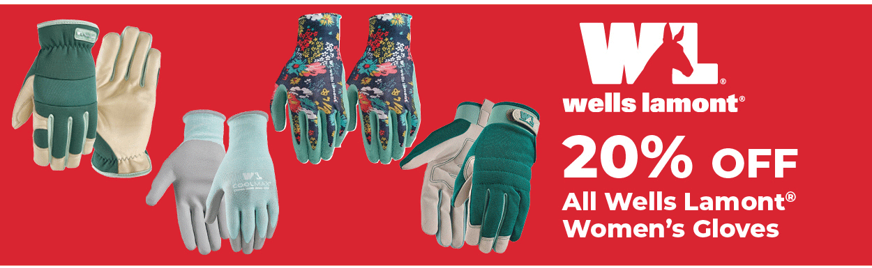 Text 20% off all Wells Lamont Women's Gloves with pictures of multiple pair of gloves