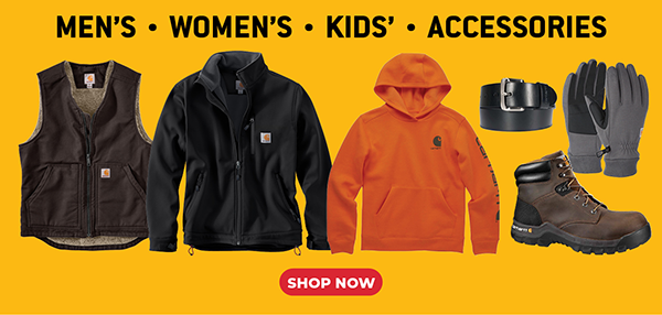 Image of clothing, boots, belt & gloves with text: Men's, Women's, Kids', Accessories - SHOP NOW