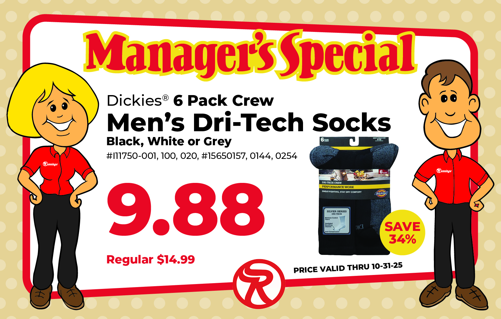 Package of Dickies 6 Pack Crew Men's Dri-Tech Socks in black, white, or grey, displayed with product label and features. SALE $9.88