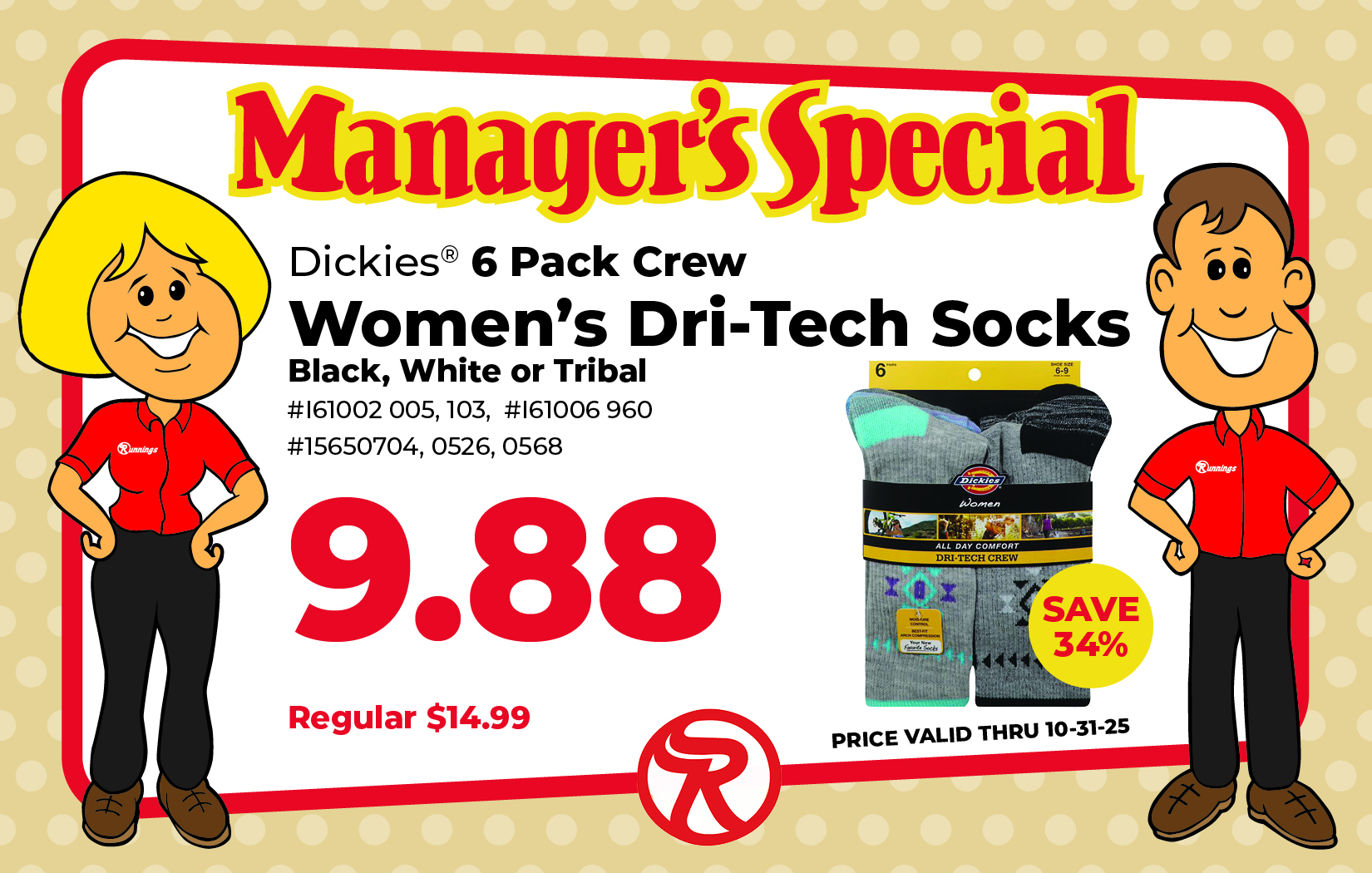 Package of Dickies 6 Pack Women's Dri-Tech Socks, displayed with product label and features. SALE $9.88