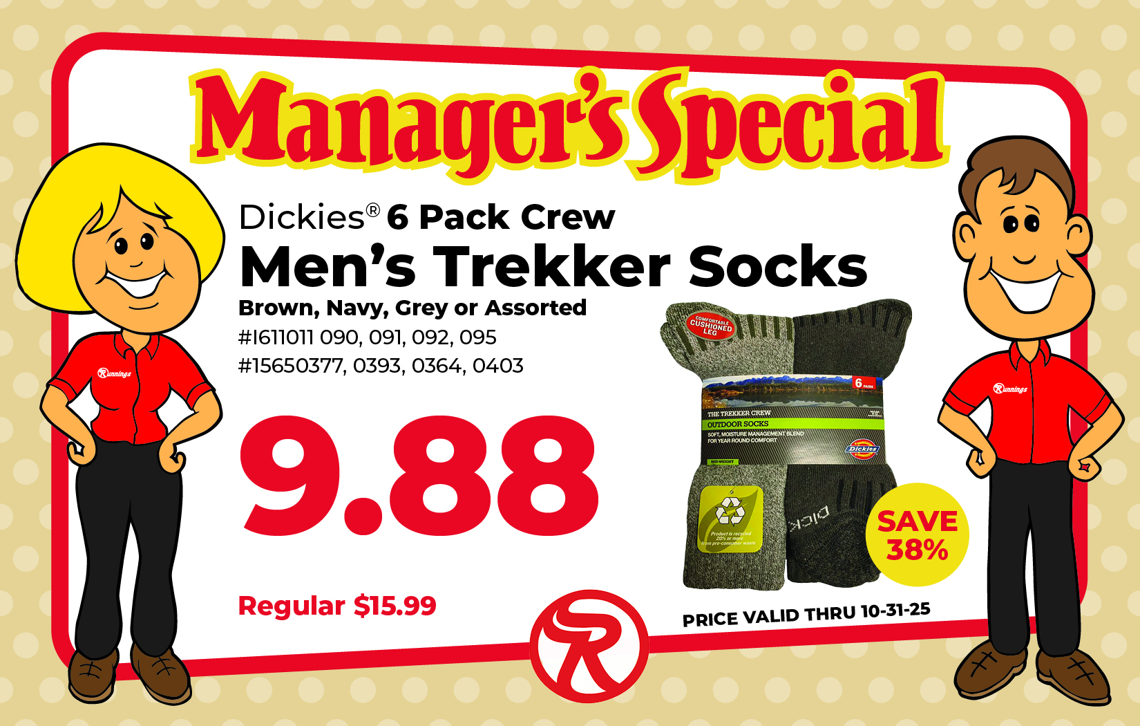 Package of Dickies 6 Pack Men's Crew Trekker Socks, displayed with product label and features. SALE $9.88