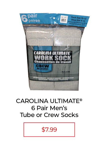 CAROLINA ULTIMATE® 6 Pair Men's Tube or Crew Socks - SALE $7.99