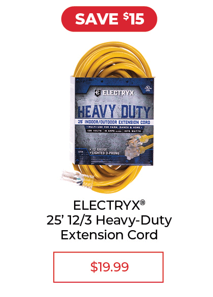 Electryx 25' Heavy Duty 12 Gauge Extension Cord with Lighted End - SALE $19.99