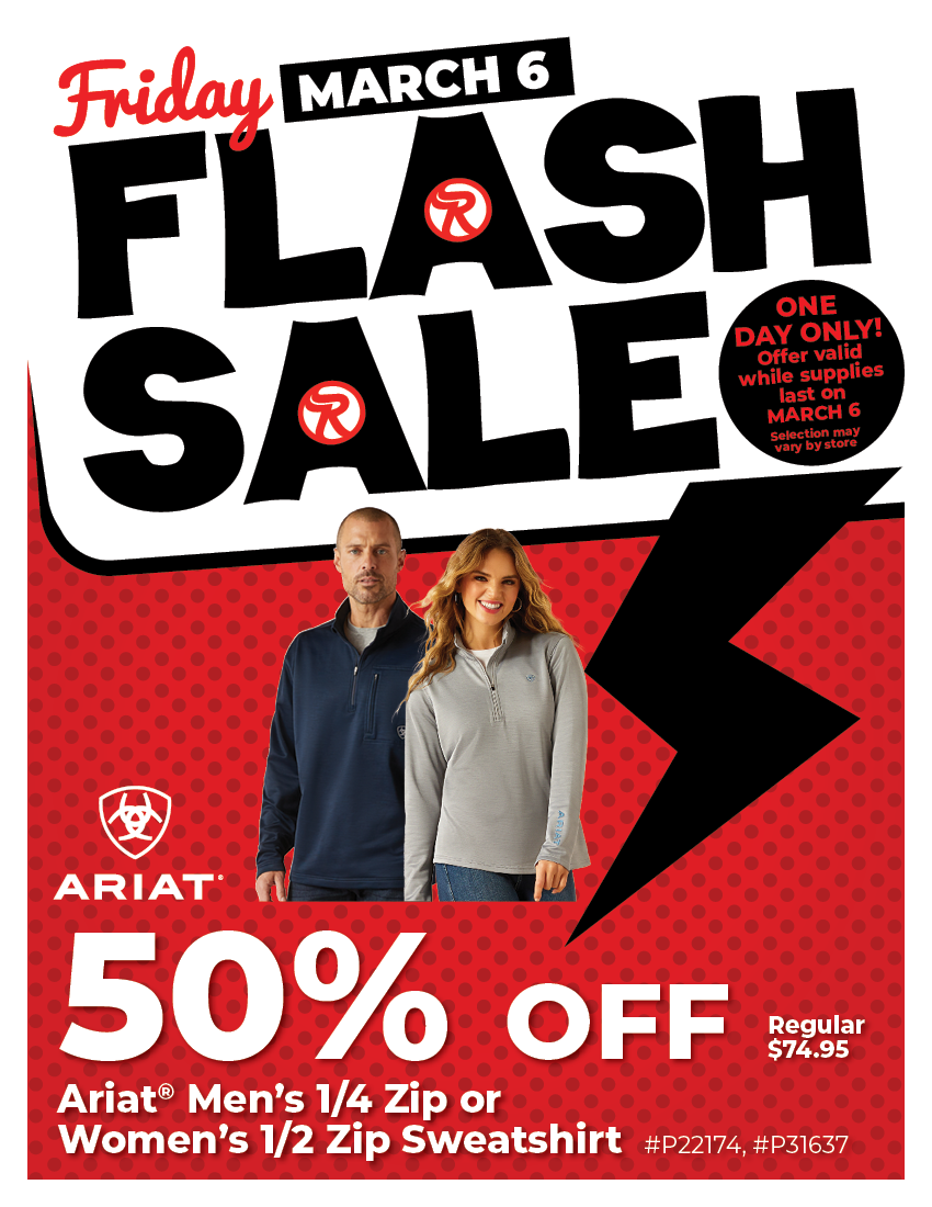 Friday Flash Sale - Ariat Men's 1/4 Zip or Women's 1/2 Zip Sweatshirt - 50% Off