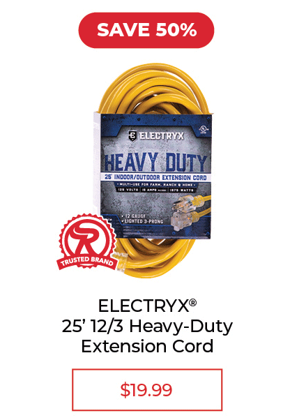 Electryx 25' Heavy Duty 12 Gauge Extension Cord with Lighted End - SALE $19.99
