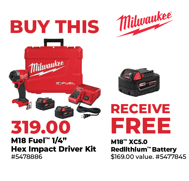 Buy Milwaukee M18 Fuel™ 1/4" Hex Impact Driver Kit Receive Free M18™ XC5.0 Red lithium Battery - $169.00 value