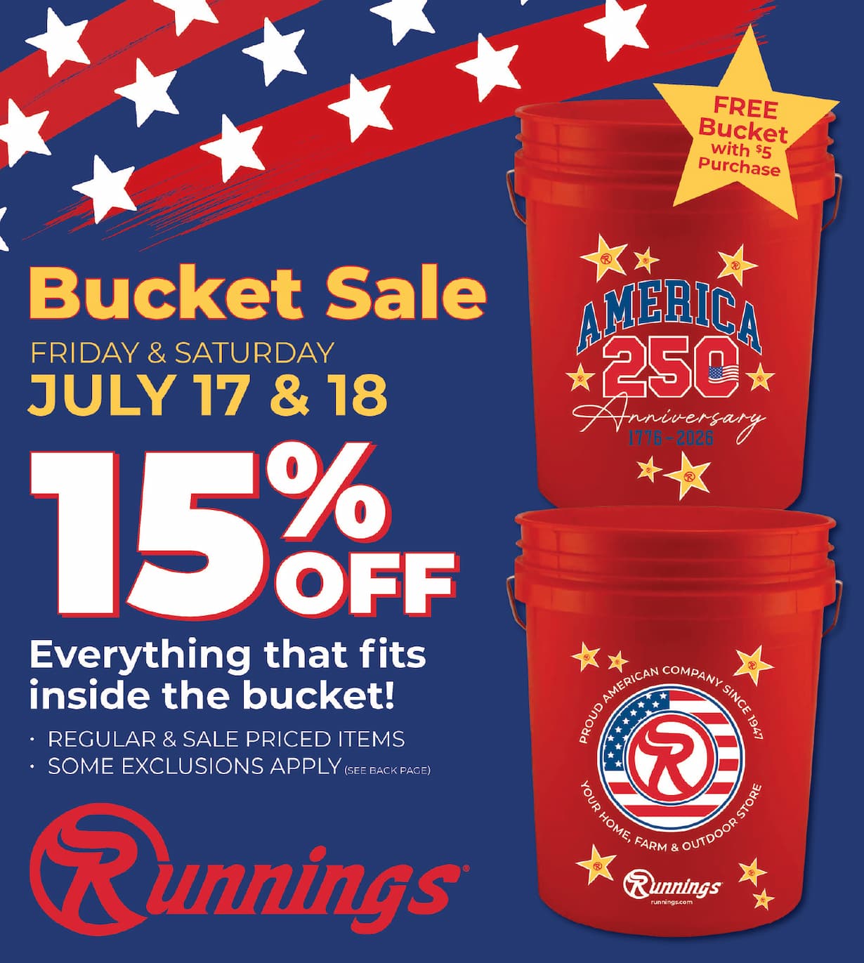 Running Bucket Sale July 17 & 18 - Shop our 90 stores