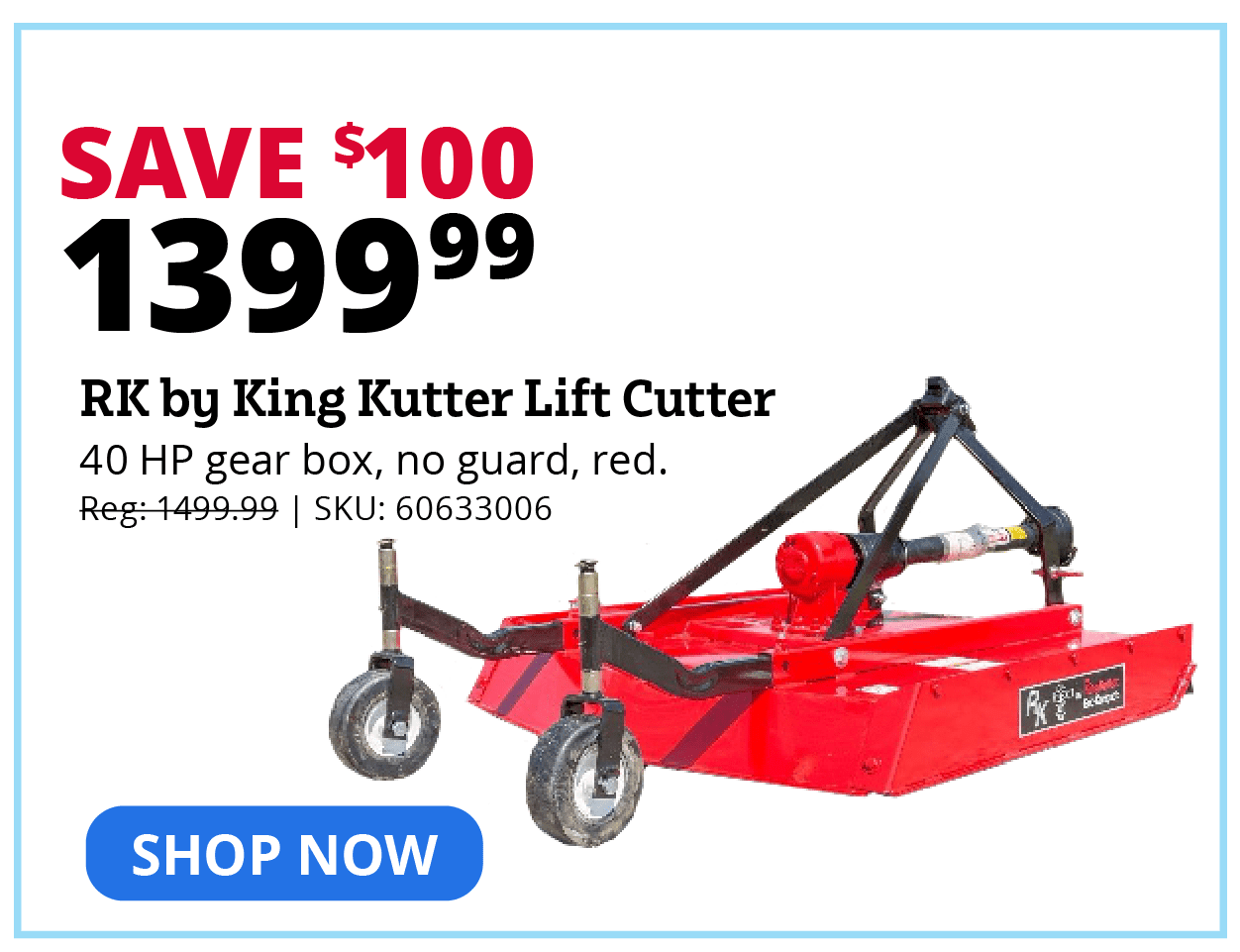RK by King Kutter Lift Cutter with 40 HP Gear Box, No Guard, Red - L-48-40-XB-RR