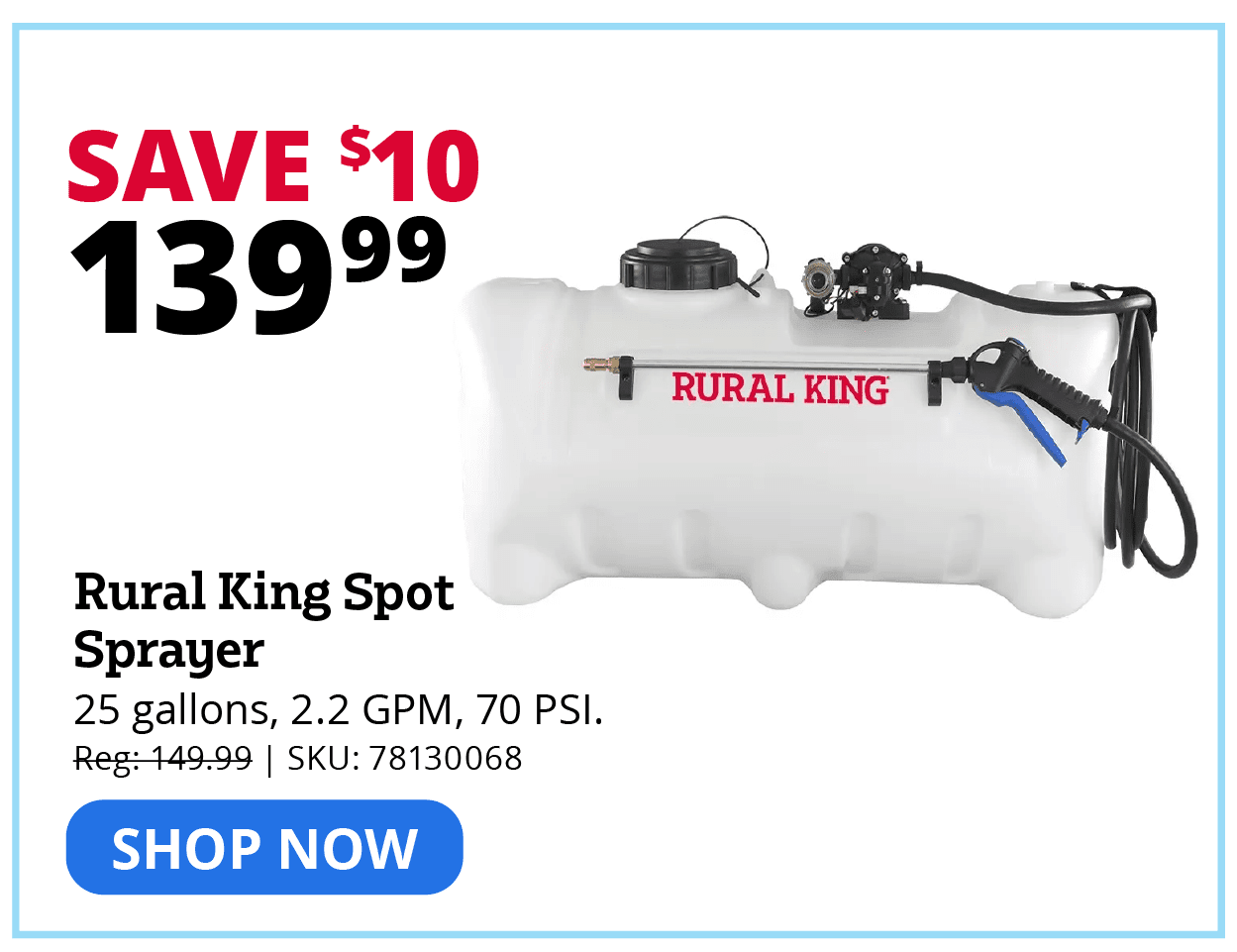 Rural King 25-Gallon Spot Sprayer - 2.2GPM, 70 PSI Max - SSO-01-025D-RK