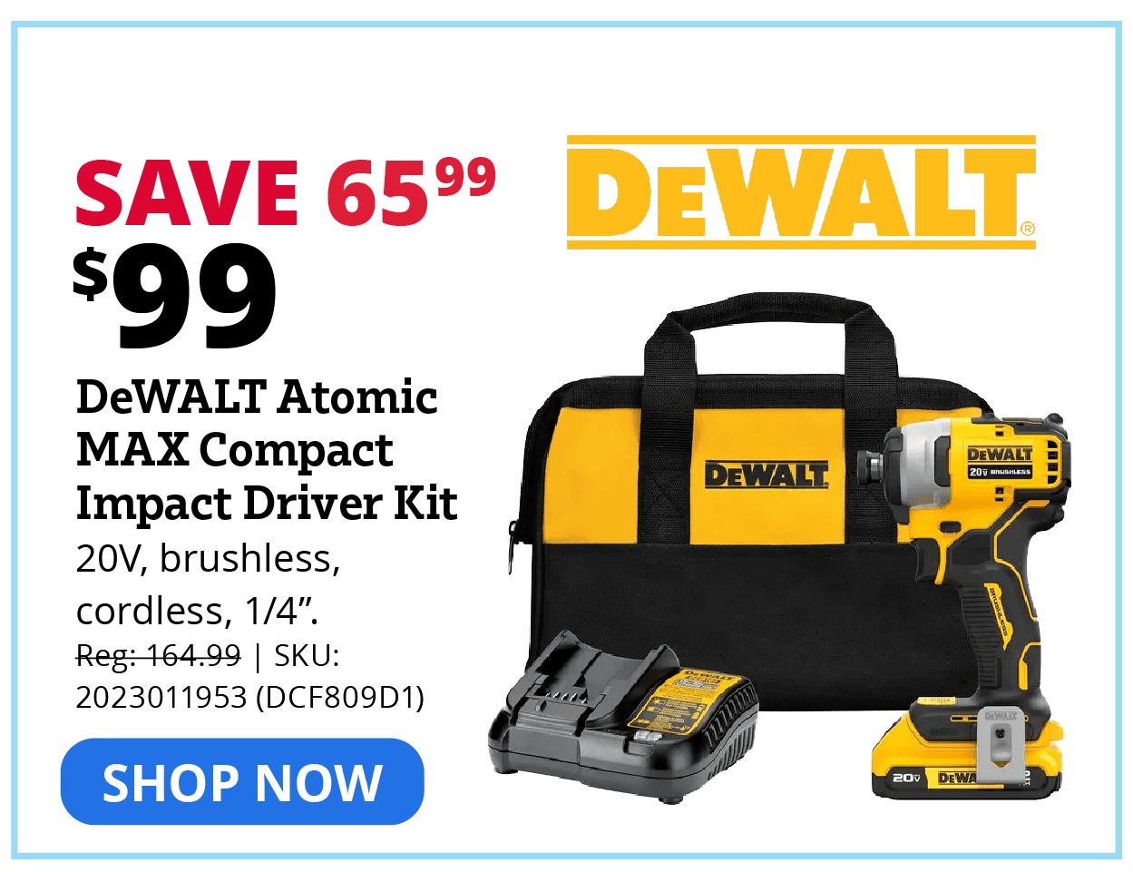DEWALT® Atomic™ 20V MAX* Brushless Cordless 1/4" Compact Impact Driver Kit - DCF809D1