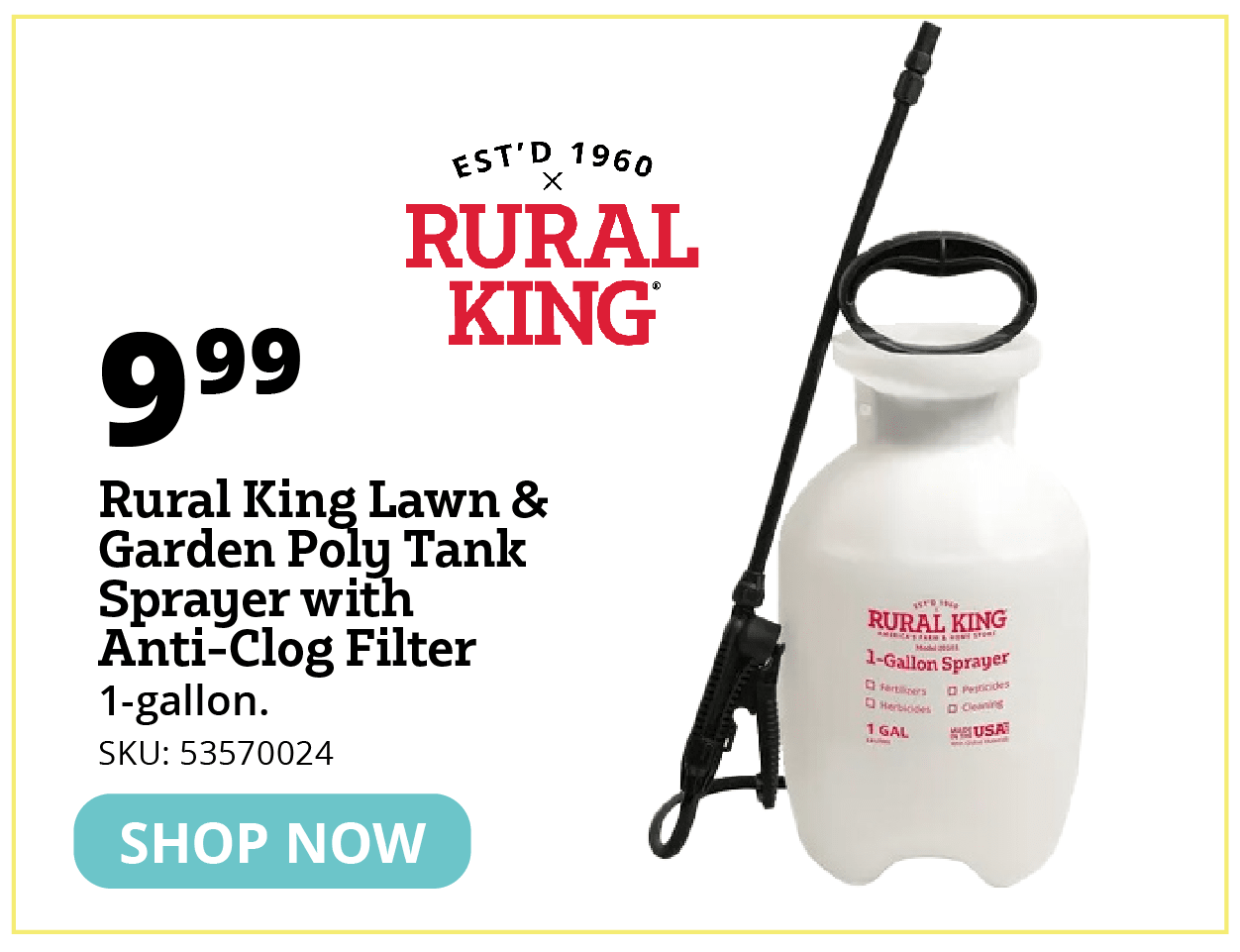 Rural King Lawn & Garden Poly Tank Sprayer with Anti-Clog Filter