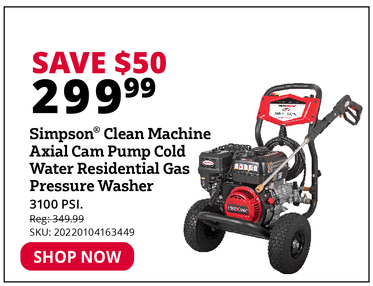 Simpson Clean Machine Axial Cam Pump Cold Water Residential Gas Pressure Washer