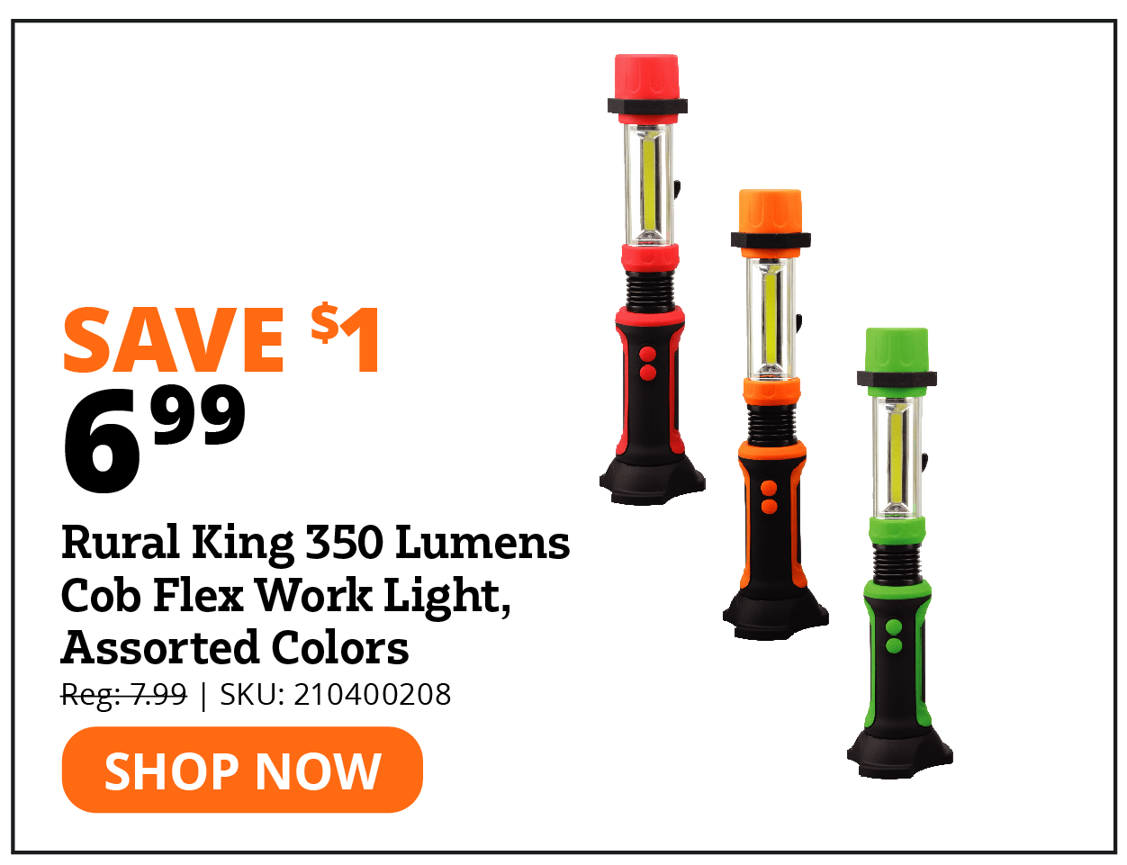 Rural King 350 Lumens Cob Flex Work Light, Assorted Colors