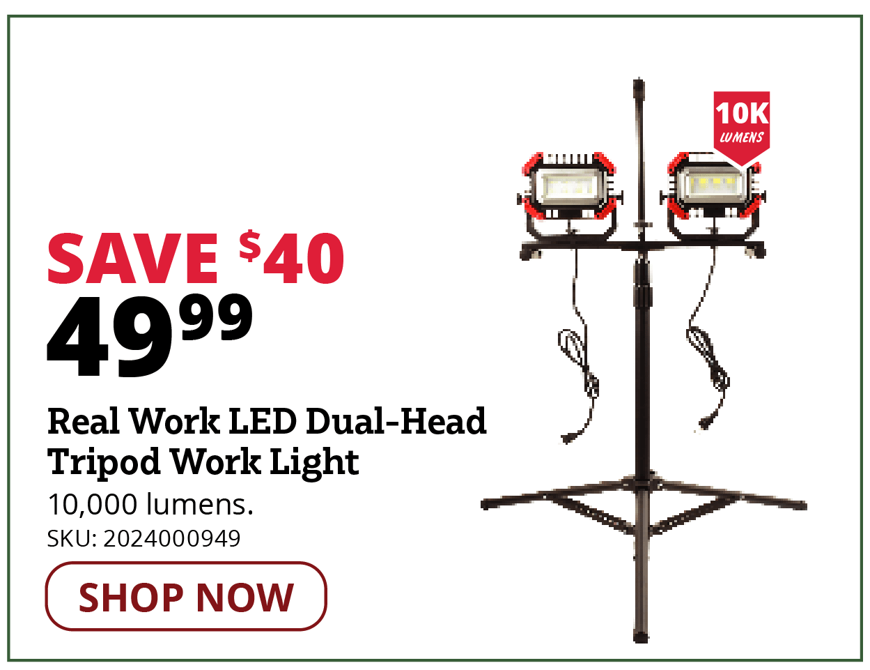 Real Work LED Dual-Head Tripod Work Light
