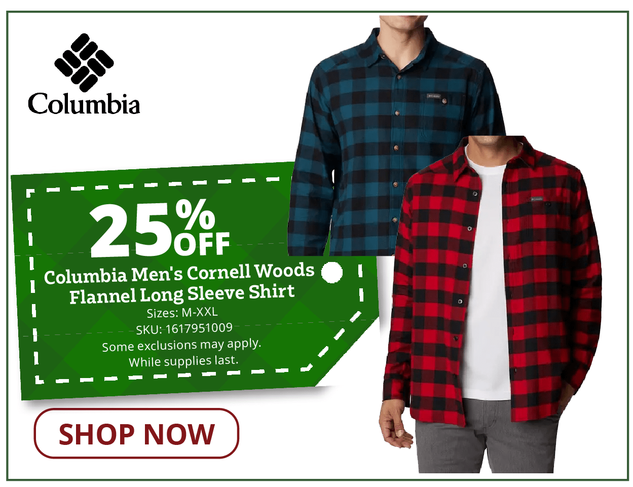 25% Off Columbia Men's Cornell Woods Flannel Long Sleeve Shirt