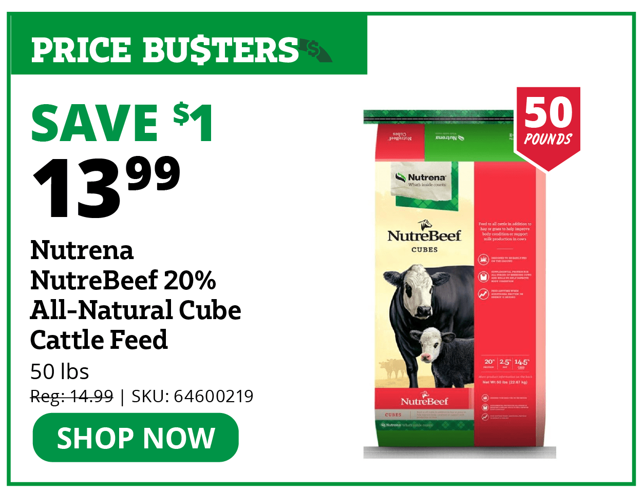 Nutrena NutreBeef 20% All Natural Cube Cattle Feed, 50 lb. Bag
