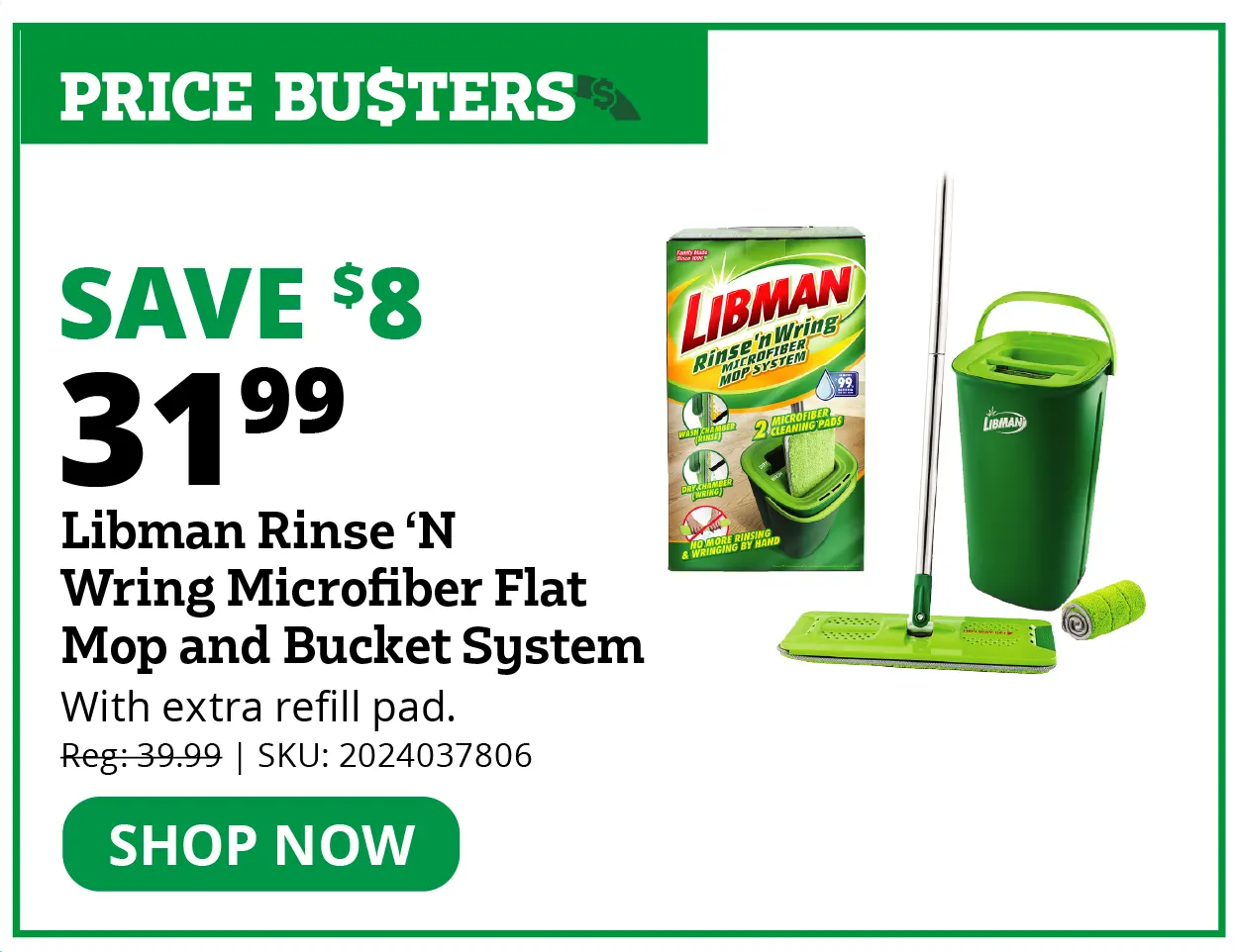 Libman Rinse 'N Wring Microfiber Flat Mop and Bucket System with Extra Refill Pad - 1516