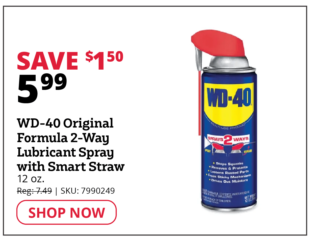 WD-40 Original  Formula 2-Way  Lubricant Spray with  Smart Straw