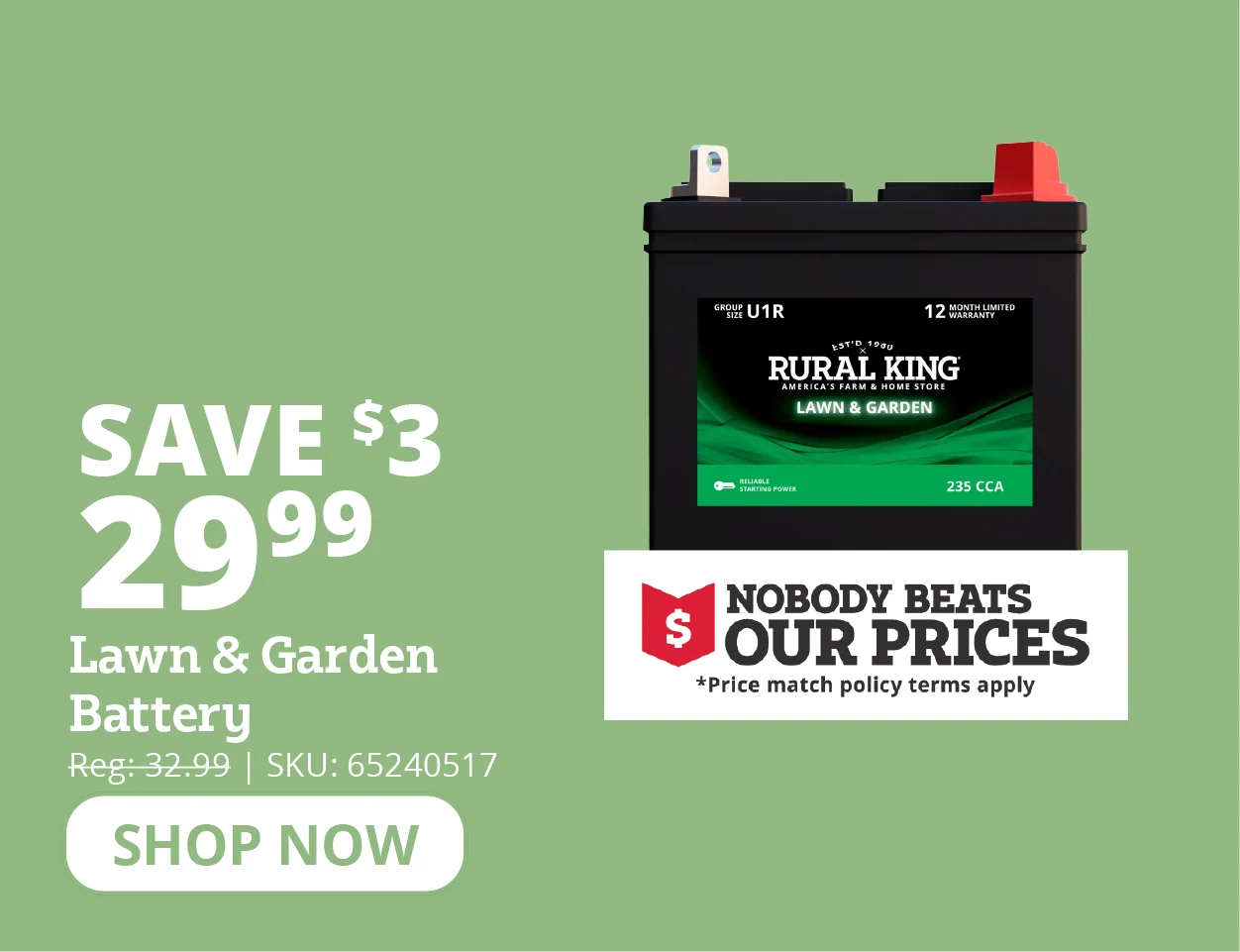 Rural King Lawn & Garden Battery, Group Size U1R-LT