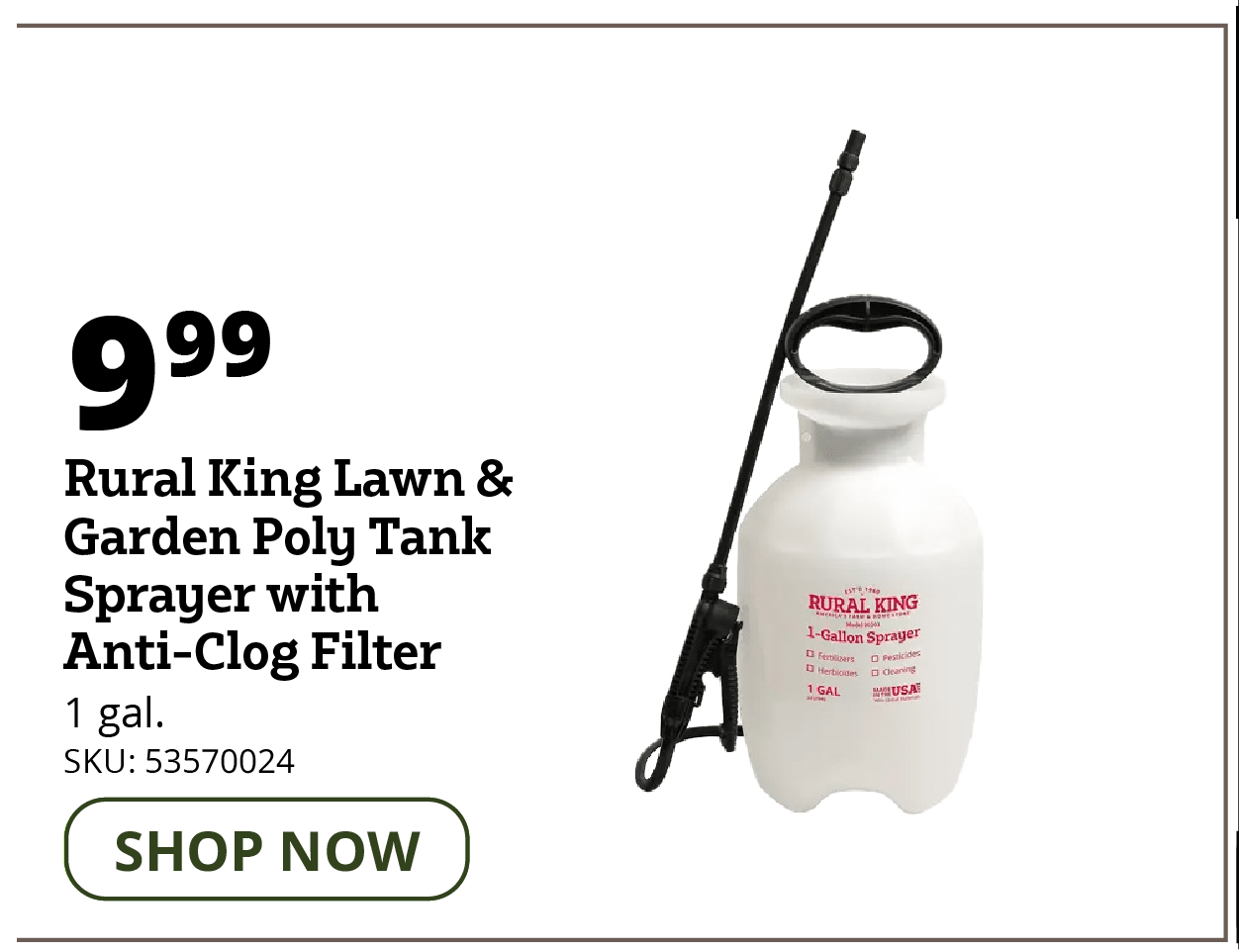 Rural King Lawn and Garden Poly Tank Sprayer with Anti-Clog Filter