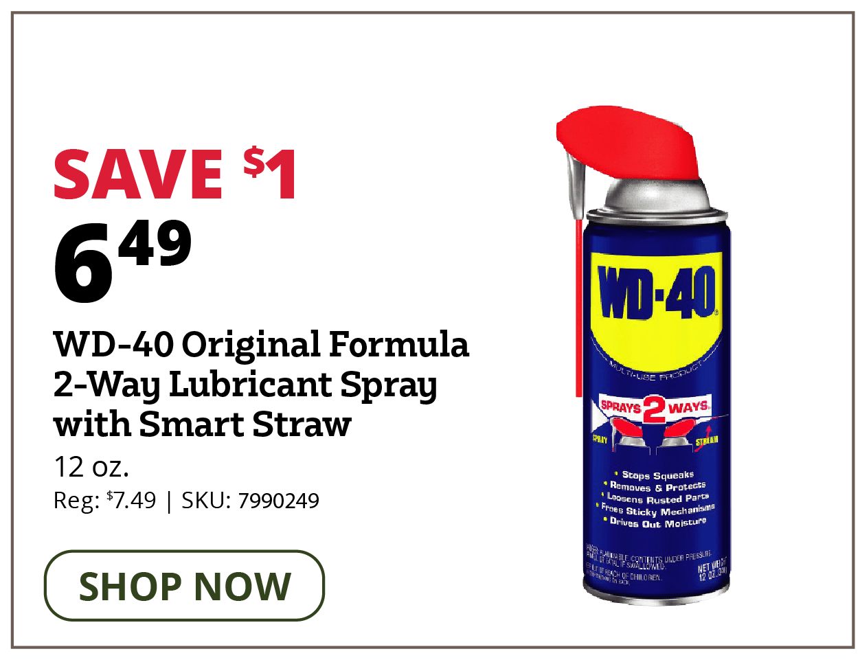 WD-40 Original Formula 2-Way Lubricant Spray with Smart Straw, 12 oz. Can - 490057