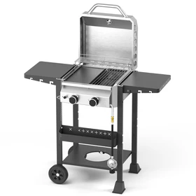 Propane Gas BBQ Grill 2-Burner Barbecue Grills with Cast Iron Frying Pan and Grates Combo, 16000 BTU Output Stainless Steel Grill