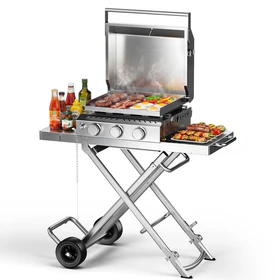 3-Burner Propane Gas Griddle SUS304 Stainless Steel 24000 BTU with Collapsible Stand