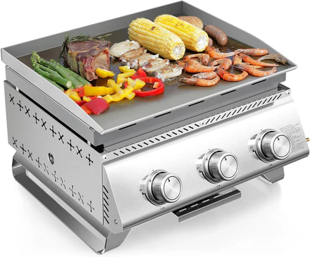 24 Inch 3-Burner Propane Gas Griddle 304 Stainless Steel 24000 BTU Flat Top with Grill Grate