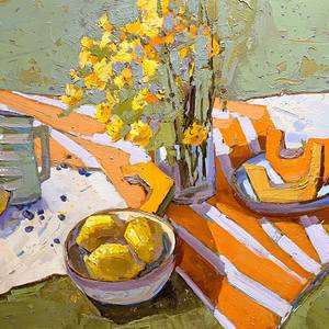 Lemon, strip and yellow flowers