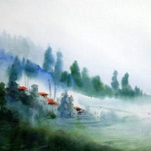 Foggy Mountain Village - Watercolor on Paper Painting