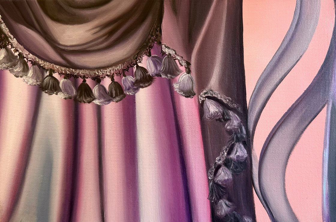 painting of pink and purple curtains