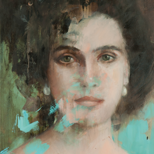 portrait of a person with turquoise background