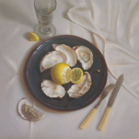 still life painting with oysters and lemon