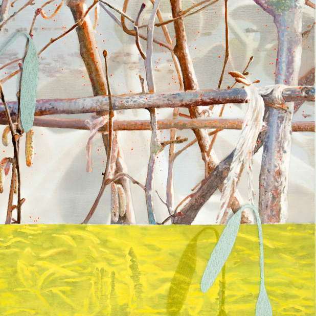 oil painting of branches with lime green stripe