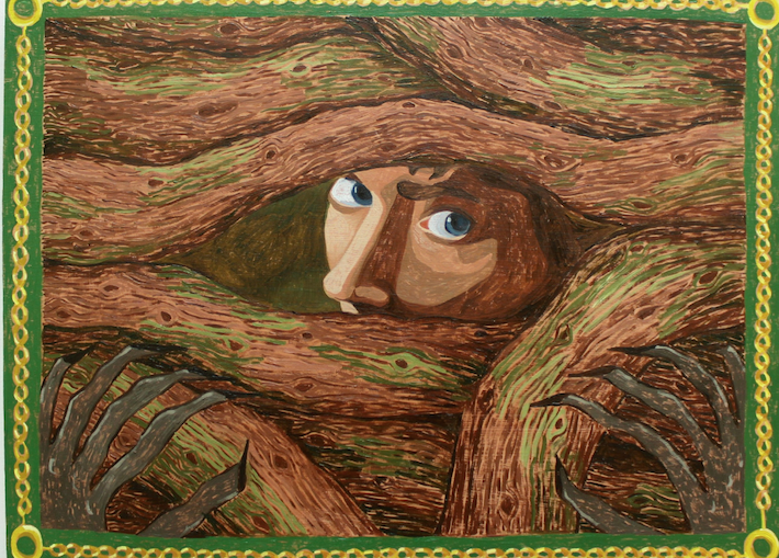 painting of man looking up between branches
