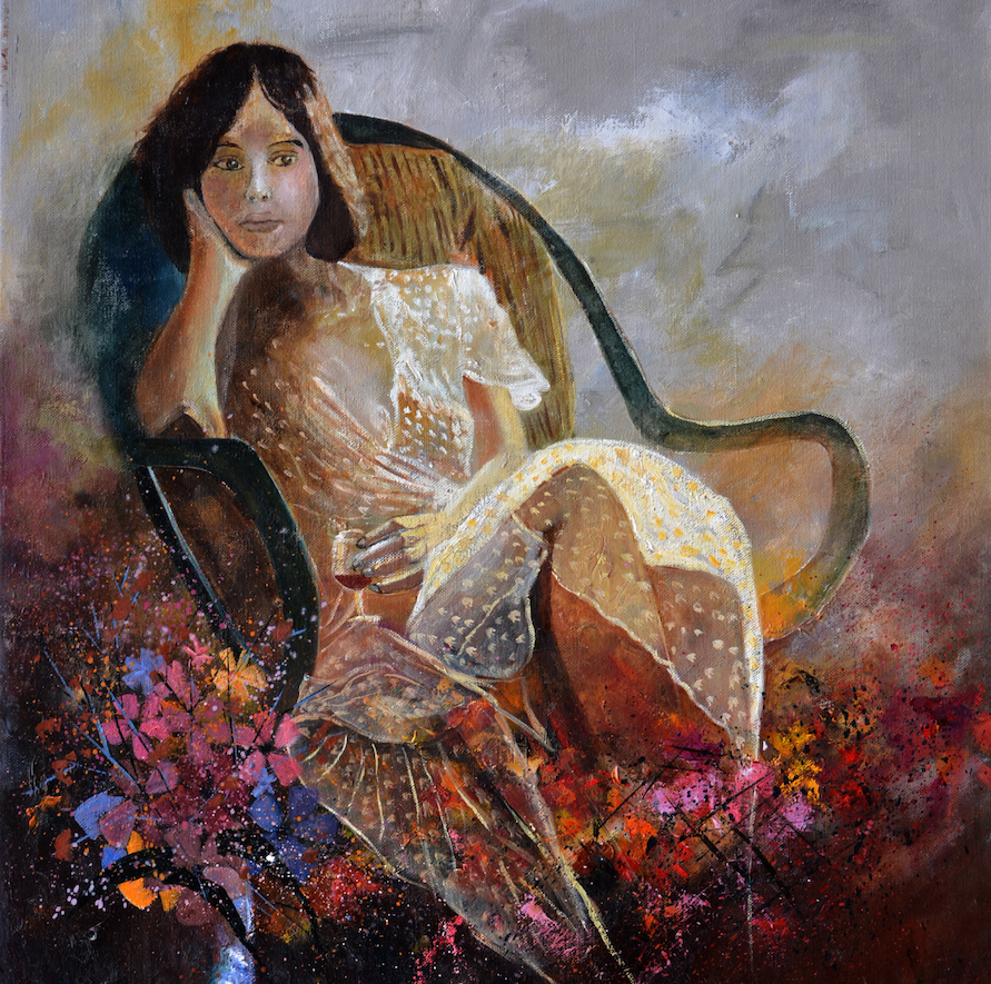 painting of woman in a chair with flowers