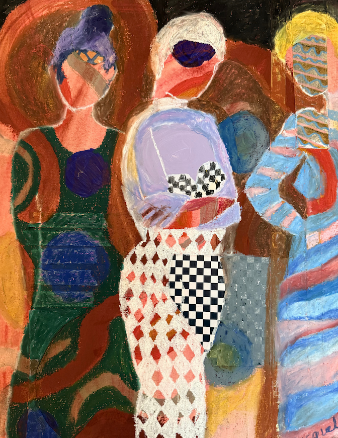 three figures painted in abstract and patterns