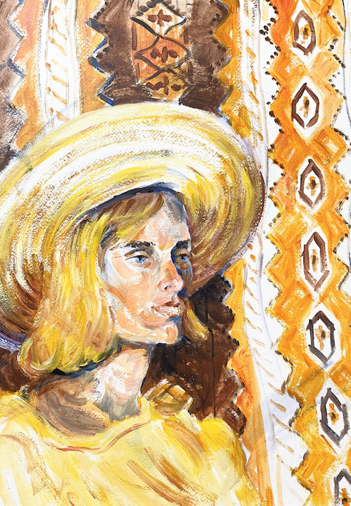 painting of woman in yellow sunhat with patterned background