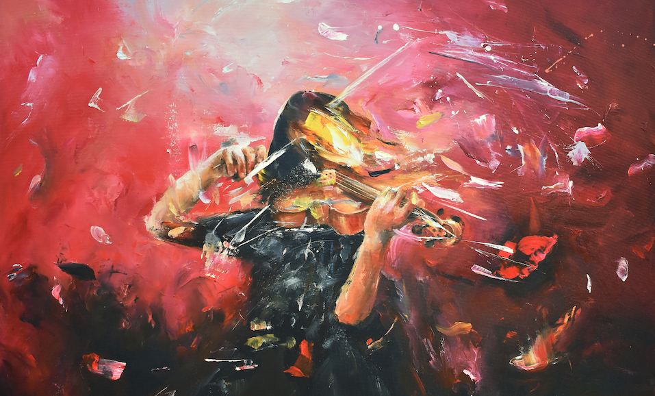 painting of violinist in motion with red background
