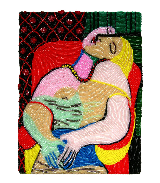 beaded artwork of woman