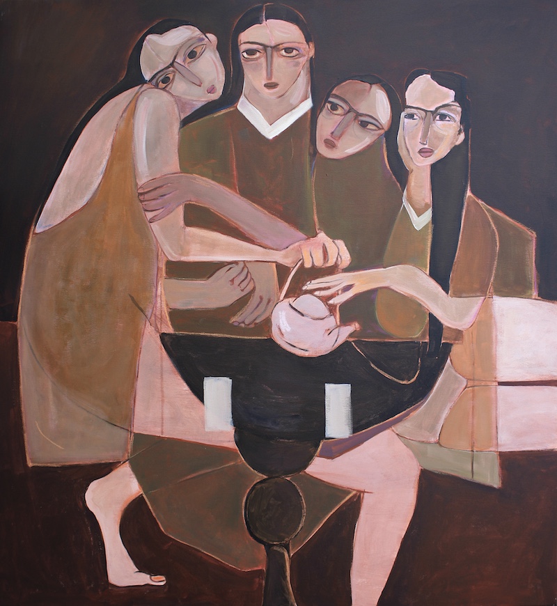 painting of women and teapot