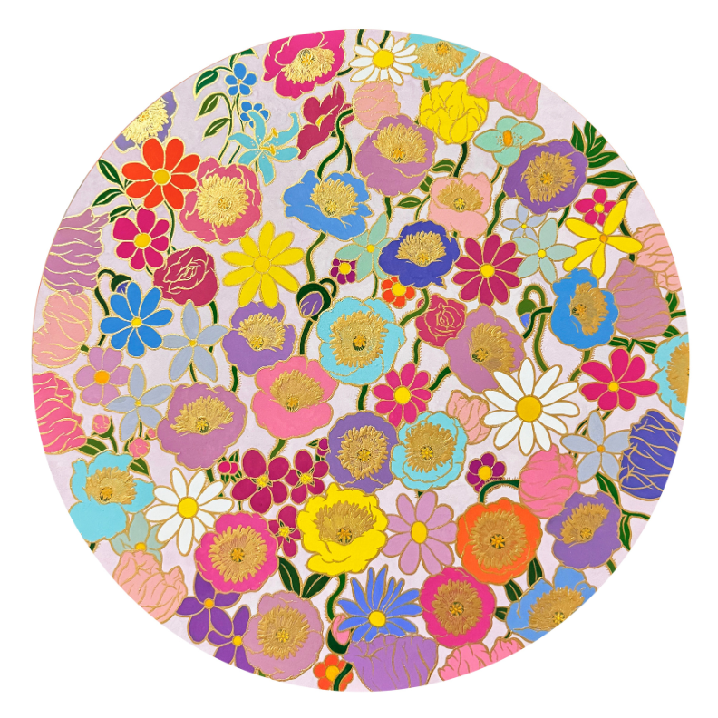 circular painting of brightly colored flowers